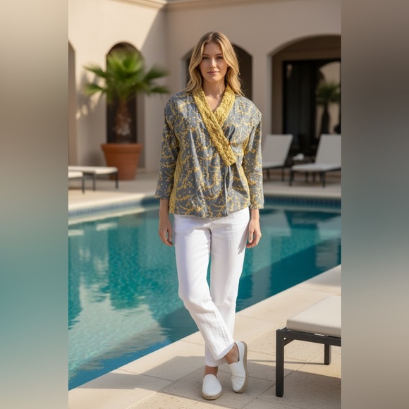 British india Tops - Yellow and Gray Floral Wrap Top size 7 used